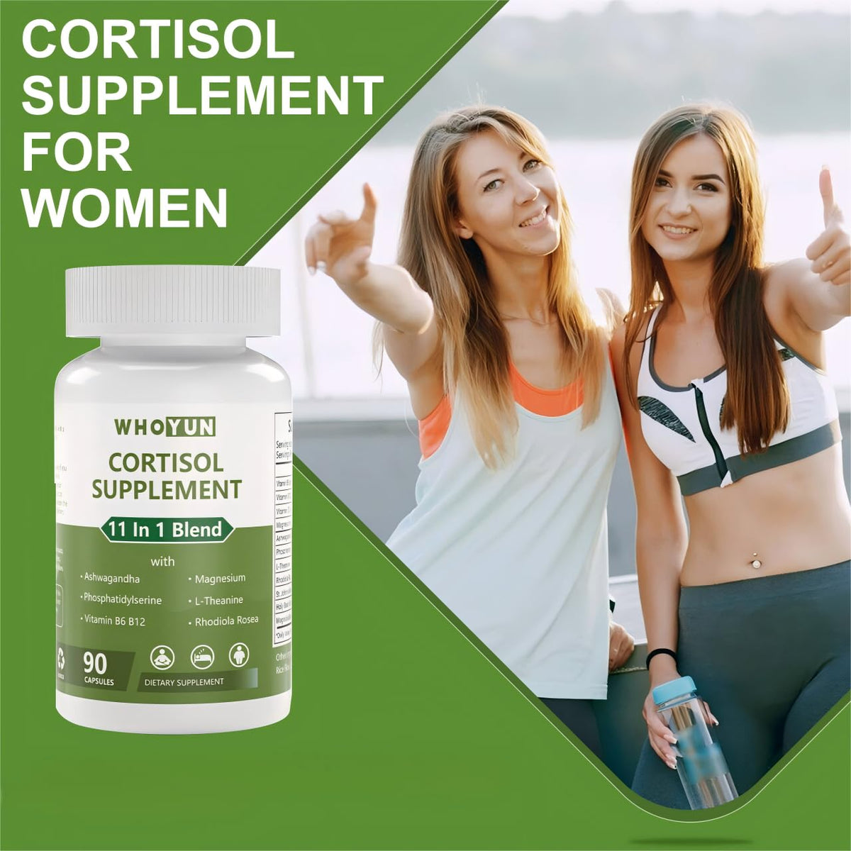 Whoyun Cortisol Supplement for Women, 11 in 1 Lower Cortisol Blend with Ashwagandha, Phosphatidylserine, Magnesium, L-Theanine, Vegan, 90 Capsules - dailyvitalstore