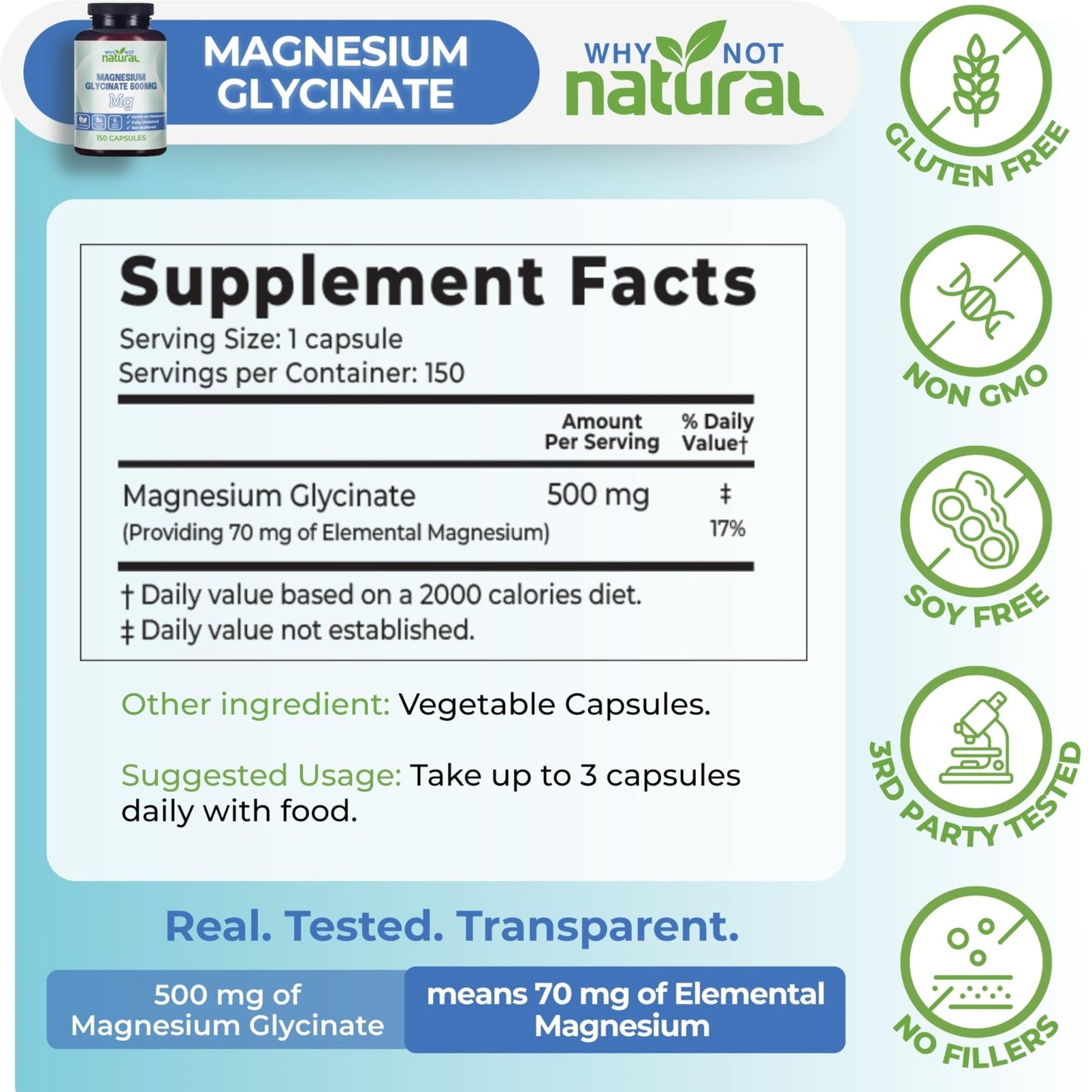 Why Not Natural Magnesium Glycinate 500 mg Capsules Supplement - Vegan, No Filler - Supports Sleep and Relaxation - dailyvitalstore