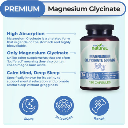 Why Not Natural Magnesium Glycinate 500 mg Capsules Supplement - Vegan, No Filler - Supports Sleep and Relaxation - dailyvitalstore