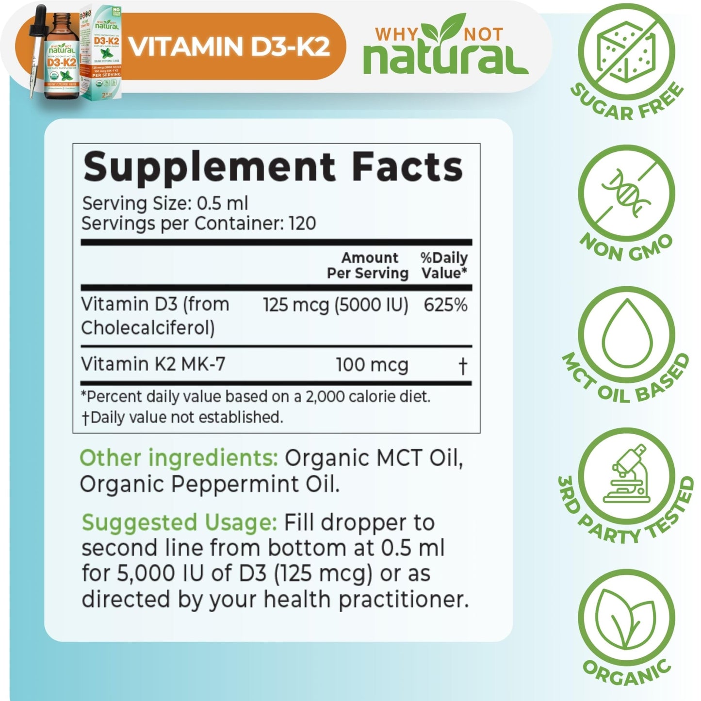 Why Not Natural Organic Vitamin D3 K2 (MK-7) Liquid Drops, 5000 IU of sublingual D3 with Coconut MCT Oil - dailyvitalstore