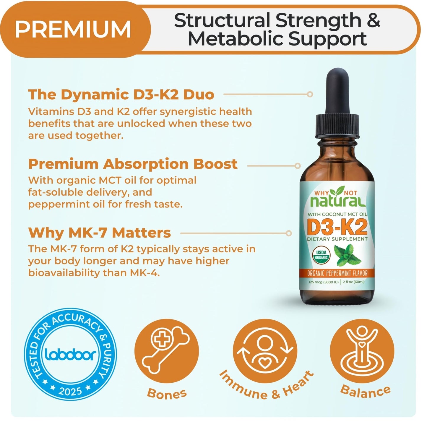 Why Not Natural Organic Vitamin D3 K2 (MK-7) Liquid Drops, 5000 IU of sublingual D3 with Coconut MCT Oil - dailyvitalstore