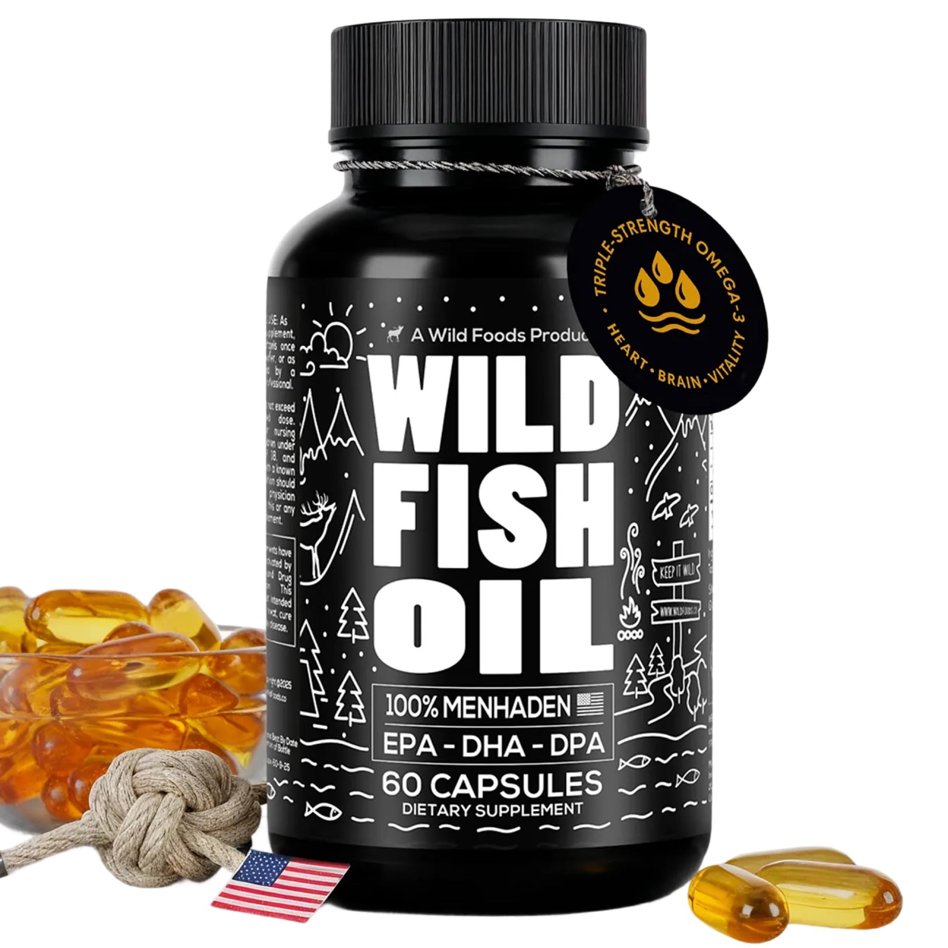 Wild Foods Fish Oil Omega 3 Supplements | 1600 mg | Highly-Potent: DPA, DHA, EPA | Burpless, Odorless, Non-GMO, Gluten Free | For Brain & Heart Health, Joint Support | 60 Capsules (1 pk) | 30 Servings - dailyvitalstore