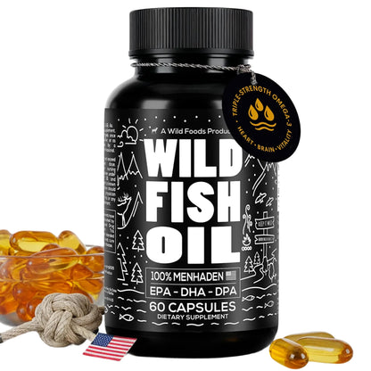 Wild Foods Fish Oil Omega 3 Supplements | 1600 mg | Highly-Potent: DPA, DHA, EPA | Burpless, Odorless, Non-GMO, Gluten Free | For Brain & Heart Health, Joint Support | 60 Capsules (1 pk) | 30 Servings - dailyvitalstore
