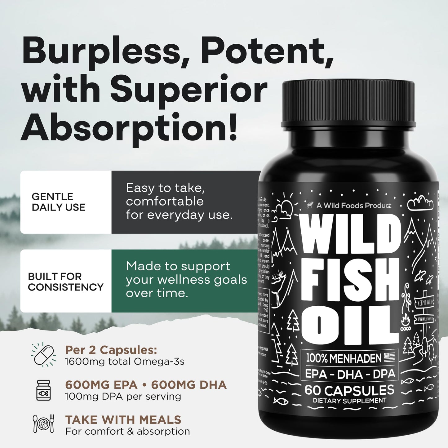 Wild Foods Fish Oil Omega 3 Supplements | 1600 mg | Highly-Potent: DPA, DHA, EPA | Burpless, Odorless, Non-GMO, Gluten Free | For Brain & Heart Health, Joint Support | 60 Capsules (1 pk) | 30 Servings - dailyvitalstore