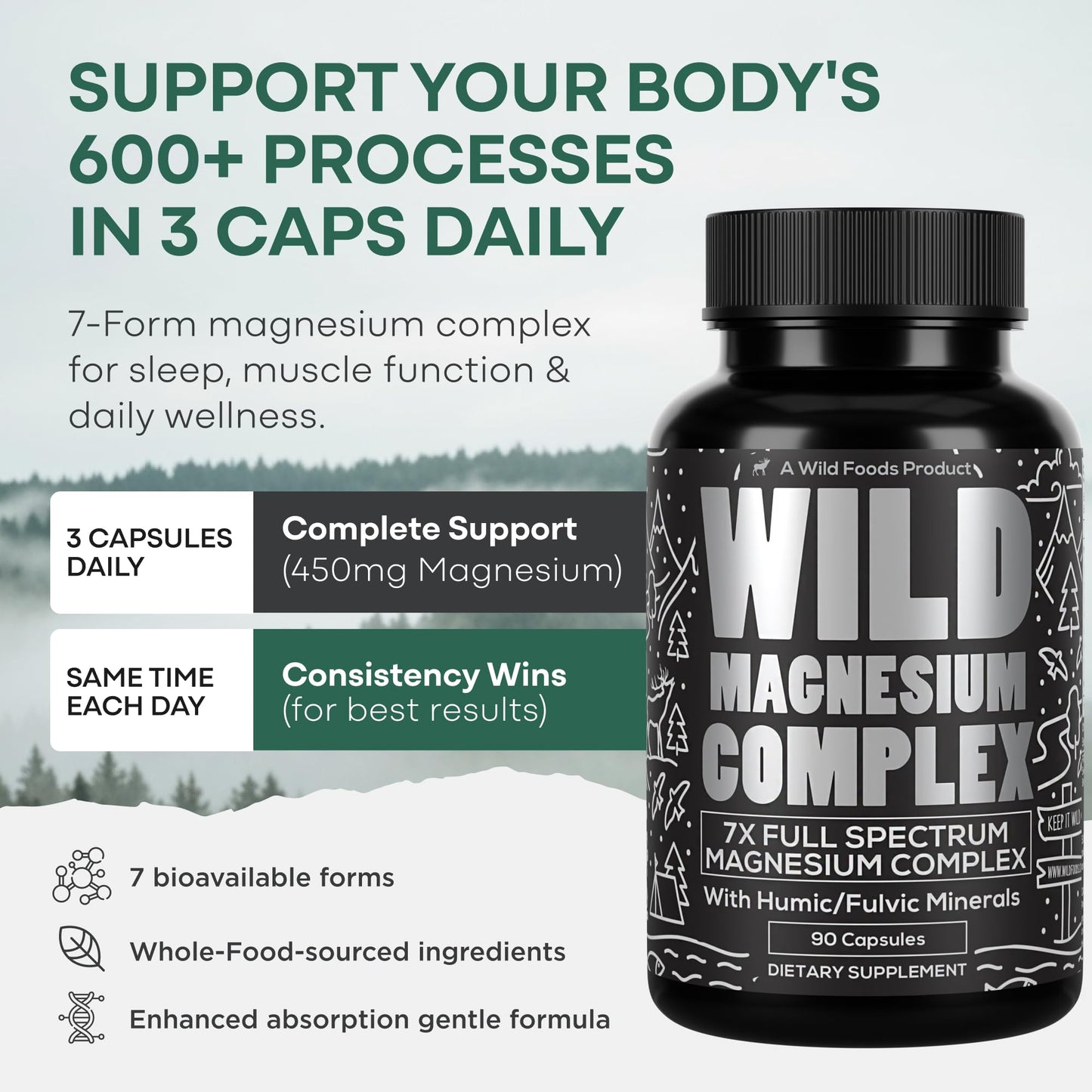 Wild Foods Magnesium Complex Supplement with 7X Forms, 90 Capsules | High Absorption, Full Spectrum, Easy Digestion | 500mg Glycinate, Bisglycinate, Malate, Orotate, Citrate, Taurate - dailyvitalstore