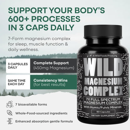 Wild Foods Magnesium Complex Supplement with 7X Forms, 90 Capsules | High Absorption, Full Spectrum, Easy Digestion | 500mg Glycinate, Bisglycinate, Malate, Orotate, Citrate, Taurate - dailyvitalstore