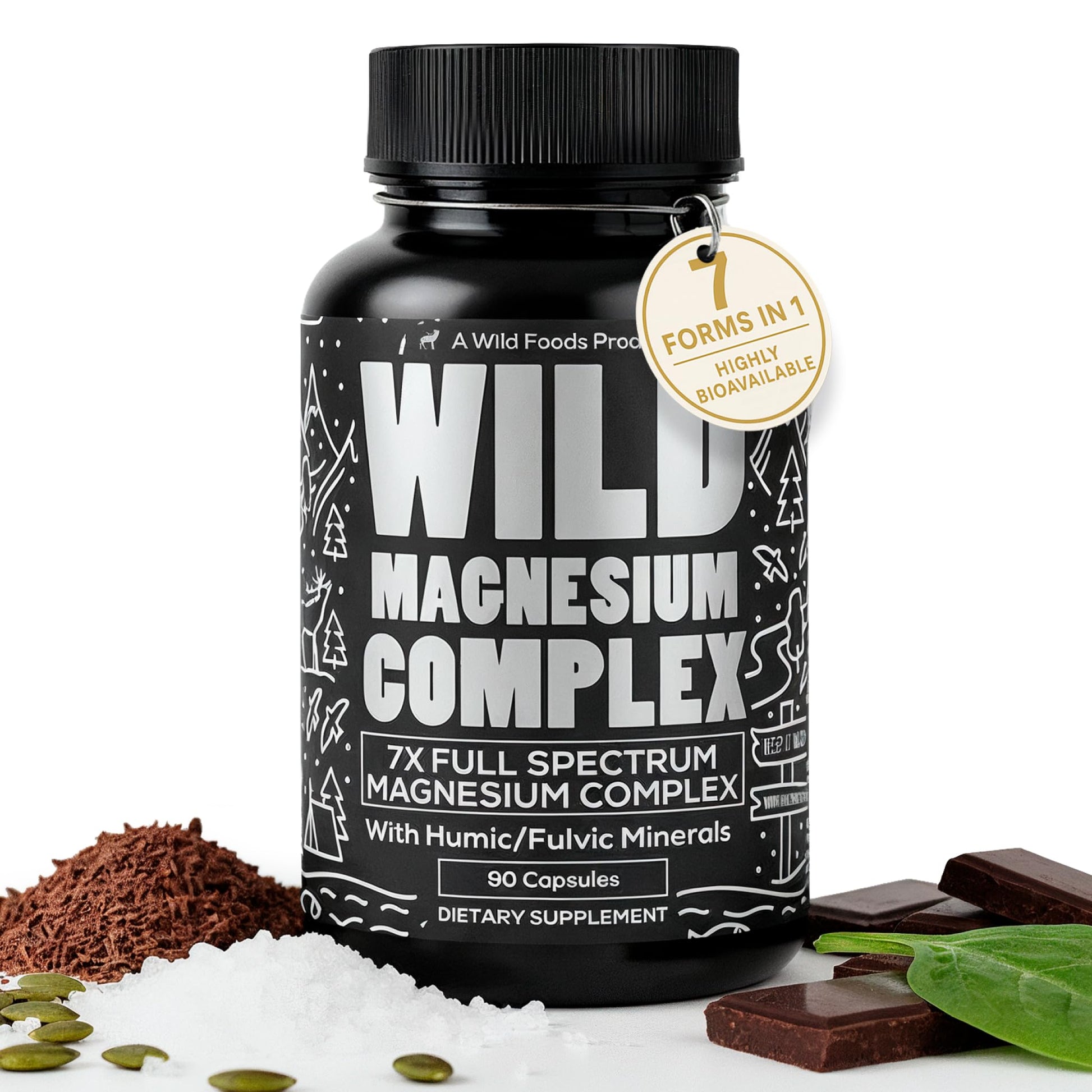 Wild Foods Magnesium Complex Supplement with 7X Forms, 90 Capsules | High Absorption, Full Spectrum, Easy Digestion | 500mg Glycinate, Bisglycinate, Malate, Orotate, Citrate, Taurate - dailyvitalstore