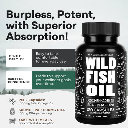 Wild Foods Omega 3 Fish Oil Supplement, 120 Capsules (1 pk) | Wild Caught, Burpless, Odorless, Non-GMO, Gluten Free | DPA, DHA, EPA Triple Strength Heart & Joint Nutrition for Women & Men - dailyvitalstore