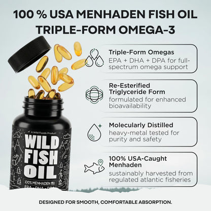 Wild Foods Omega 3 Fish Oil Supplement, 120 Capsules (1 pk) | Wild Caught, Burpless, Odorless, Non-GMO, Gluten Free | DPA, DHA, EPA Triple Strength Heart & Joint Nutrition for Women & Men - dailyvitalstore