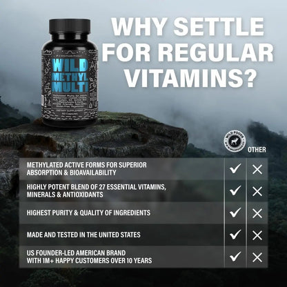 Wild Methylated Multivitamin for Women & Men | Daily Multi Vitamin | MTHFR Supplement Without Iron | Methylated B12, Folate, Vitamin C, A, K2, D, E - dailyvitalstore