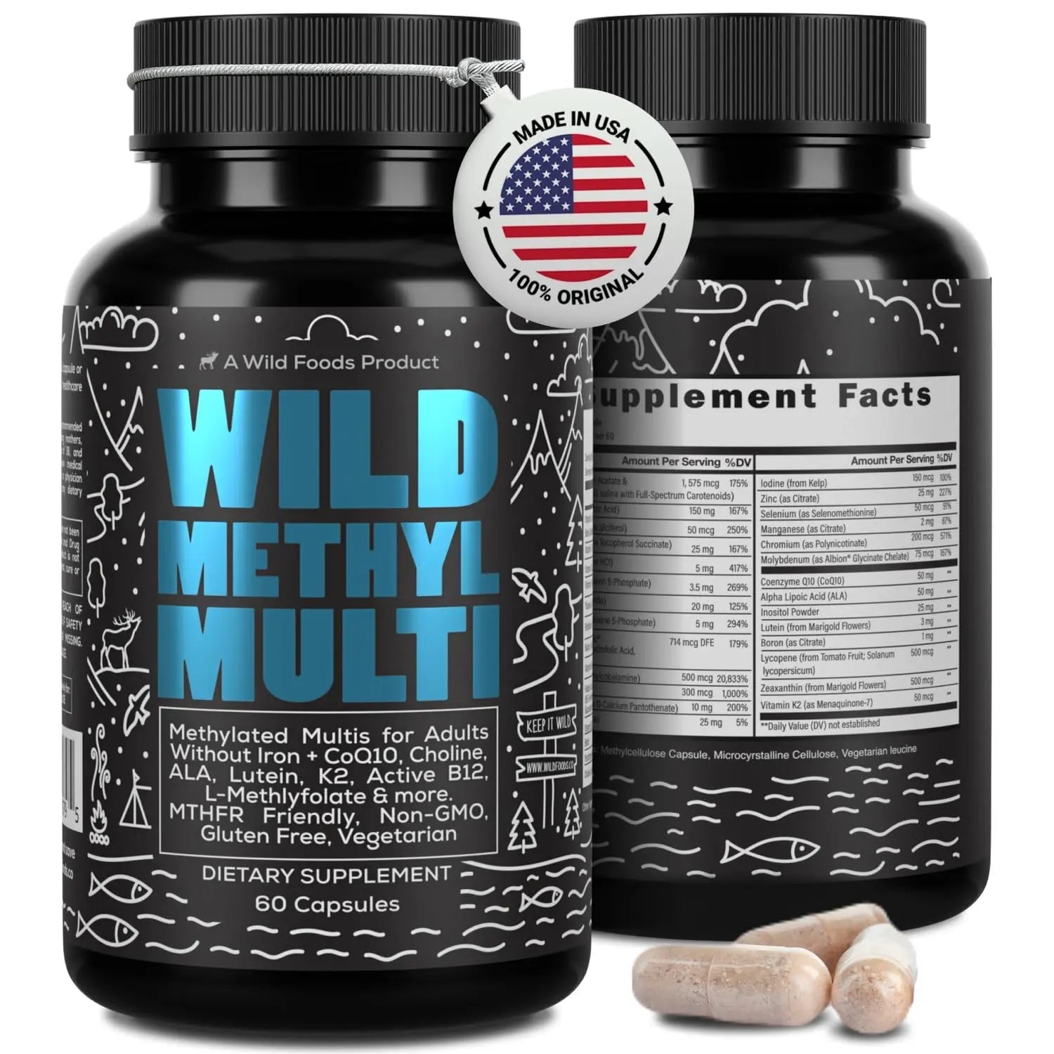 Wild Methylated Multivitamin for Women & Men | Daily Multi Vitamin | MTHFR Supplement Without Iron | Methylated B12, Folate, Vitamin C, A, K2, D, E - dailyvitalstore