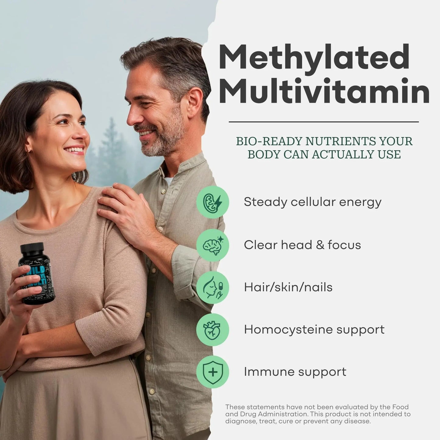 Wild Methylated Multivitamin for Women & Men | Daily Multi Vitamin | MTHFR Supplement Without Iron | Methylated B12, Folate, Vitamin C, A, K2, D, E - dailyvitalstore
