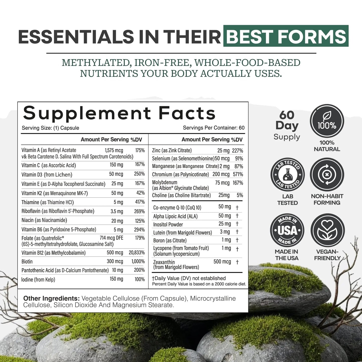 Wild Methylated Multivitamin for Women & Men | Daily Multi Vitamin | MTHFR Supplement Without Iron | Methylated B12, Folate, Vitamin C, A, K2, D, E - dailyvitalstore