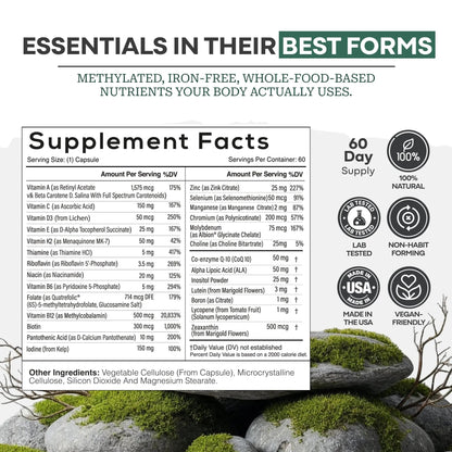 Wild Methylated Multivitamin for Women & Men | Daily Multi Vitamin | MTHFR Supplement Without Iron | Methylated B12, Folate, Vitamin C, A, K2, D, E - dailyvitalstore