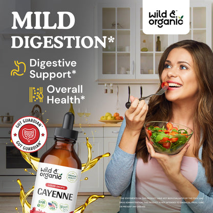 Wild & Organic Cayenne Pepper Tincture - Digestive Support with Capsaicin Extract - Cayenne Pepper Liquid Drops for Overall Well-Being - Unflavored, Vegan, Sugar & Alcohol-Free - 4 fl oz - dailyvitalstore
