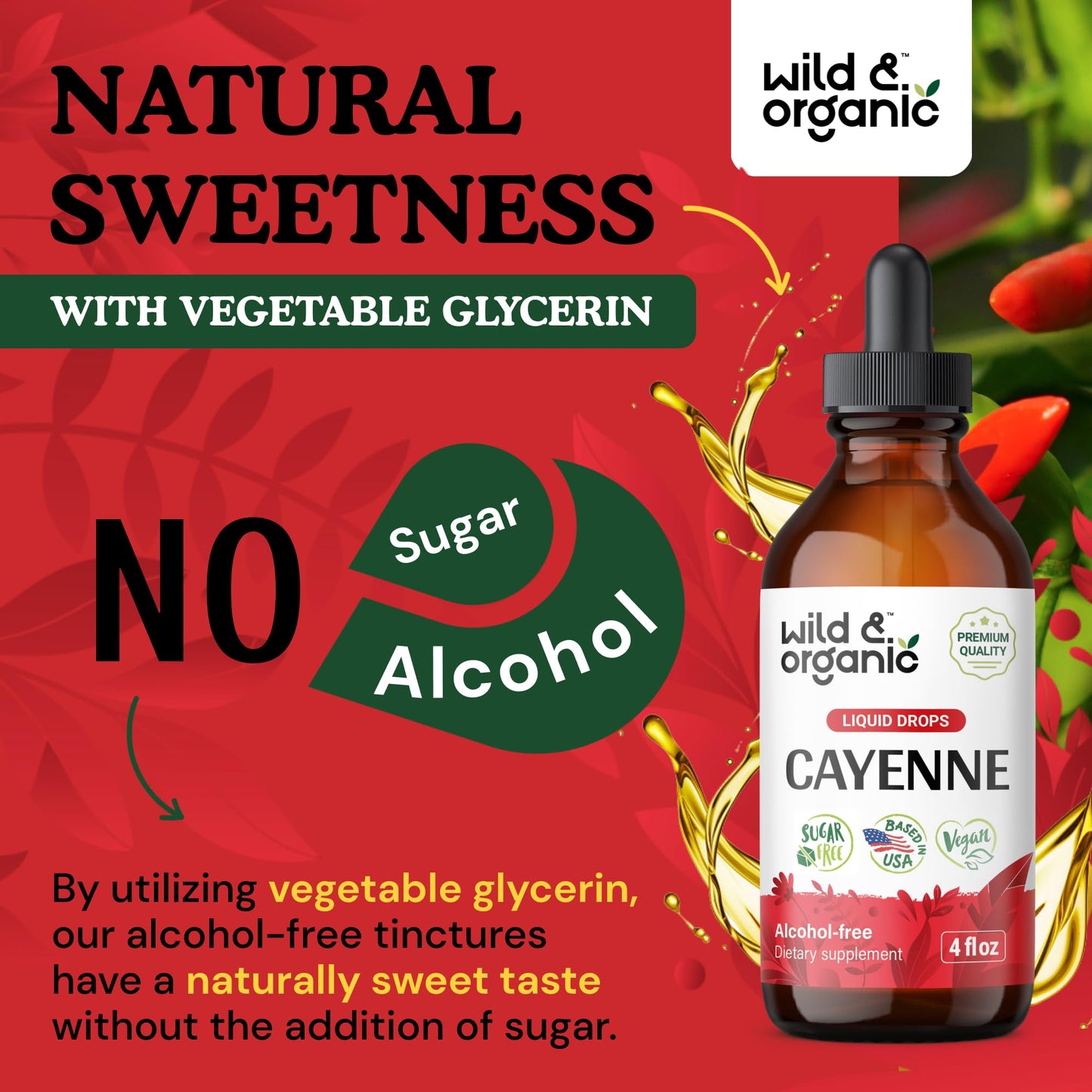 Wild & Organic Cayenne Pepper Tincture - Digestive Support with Capsaicin Extract - Cayenne Pepper Liquid Drops for Overall Well-Being - Unflavored, Vegan, Sugar & Alcohol-Free - 4 fl oz - dailyvitalstore