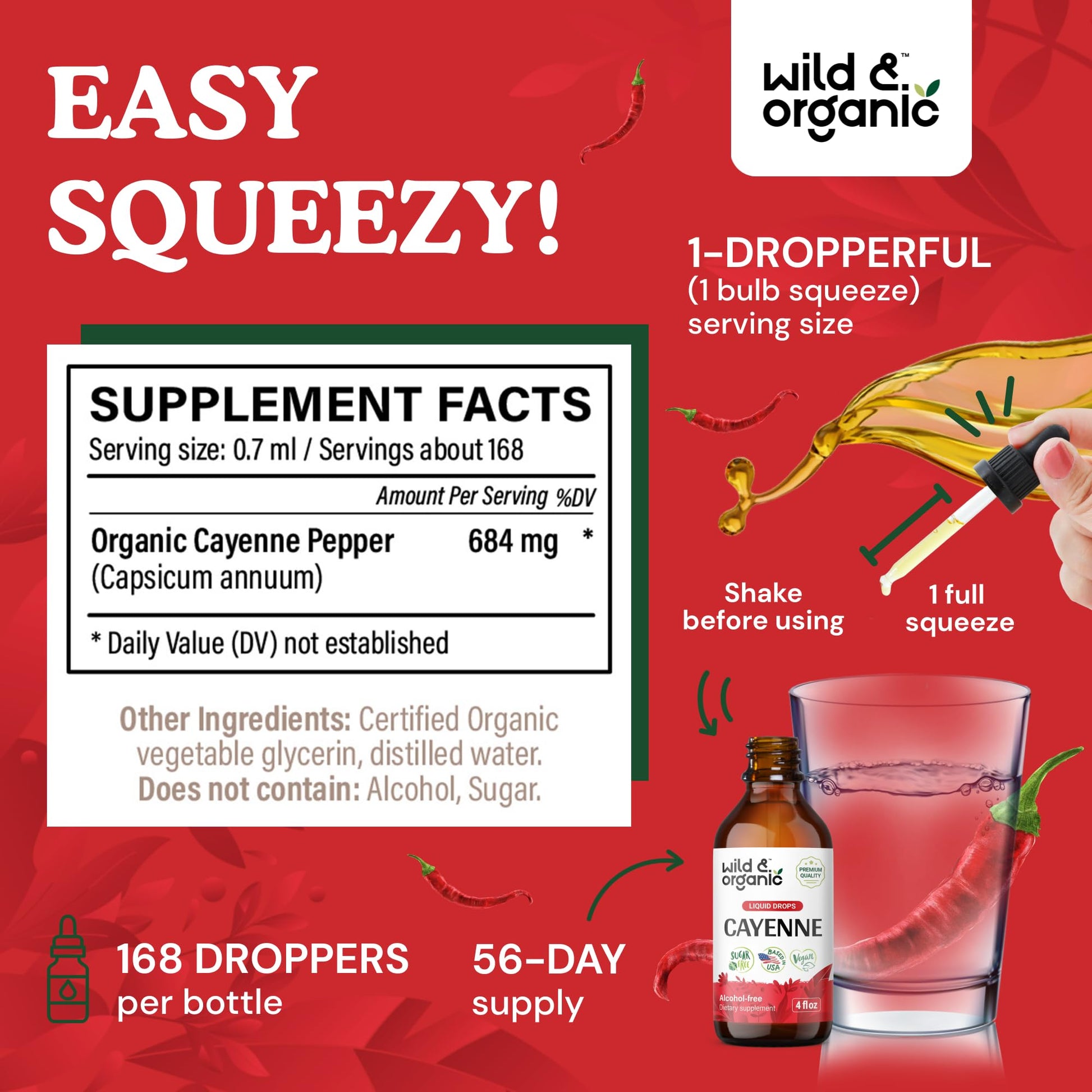Wild & Organic Cayenne Pepper Tincture - Digestive Support with Capsaicin Extract - Cayenne Pepper Liquid Drops for Overall Well-Being - Unflavored, Vegan, Sugar & Alcohol-Free - 4 fl oz - dailyvitalstore