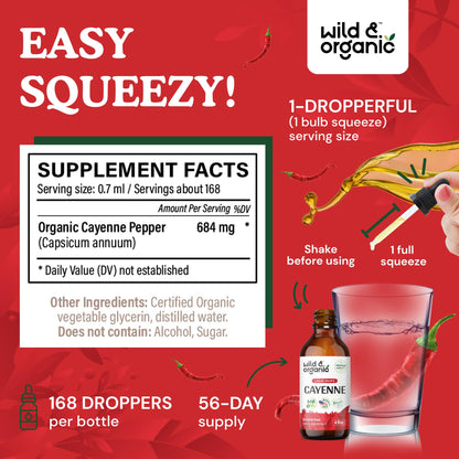 Wild & Organic Cayenne Pepper Tincture - Digestive Support with Capsaicin Extract - Cayenne Pepper Liquid Drops for Overall Well-Being - Unflavored, Vegan, Sugar & Alcohol-Free - 4 fl oz - dailyvitalstore
