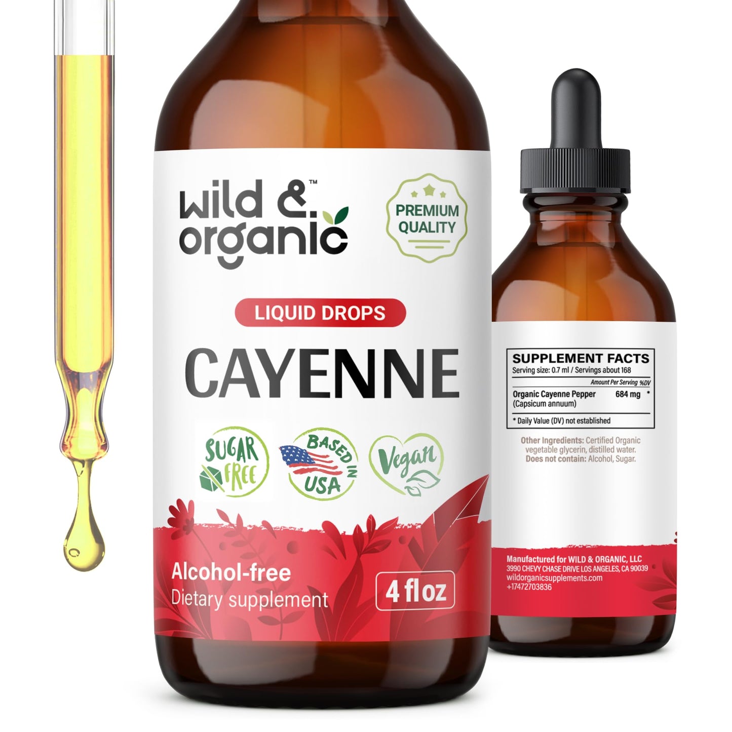 Wild & Organic Cayenne Pepper Tincture - Digestive Support with Capsaicin Extract - Cayenne Pepper Liquid Drops for Overall Well-Being - Unflavored, Vegan, Sugar & Alcohol-Free - 4 fl oz - dailyvitalstore