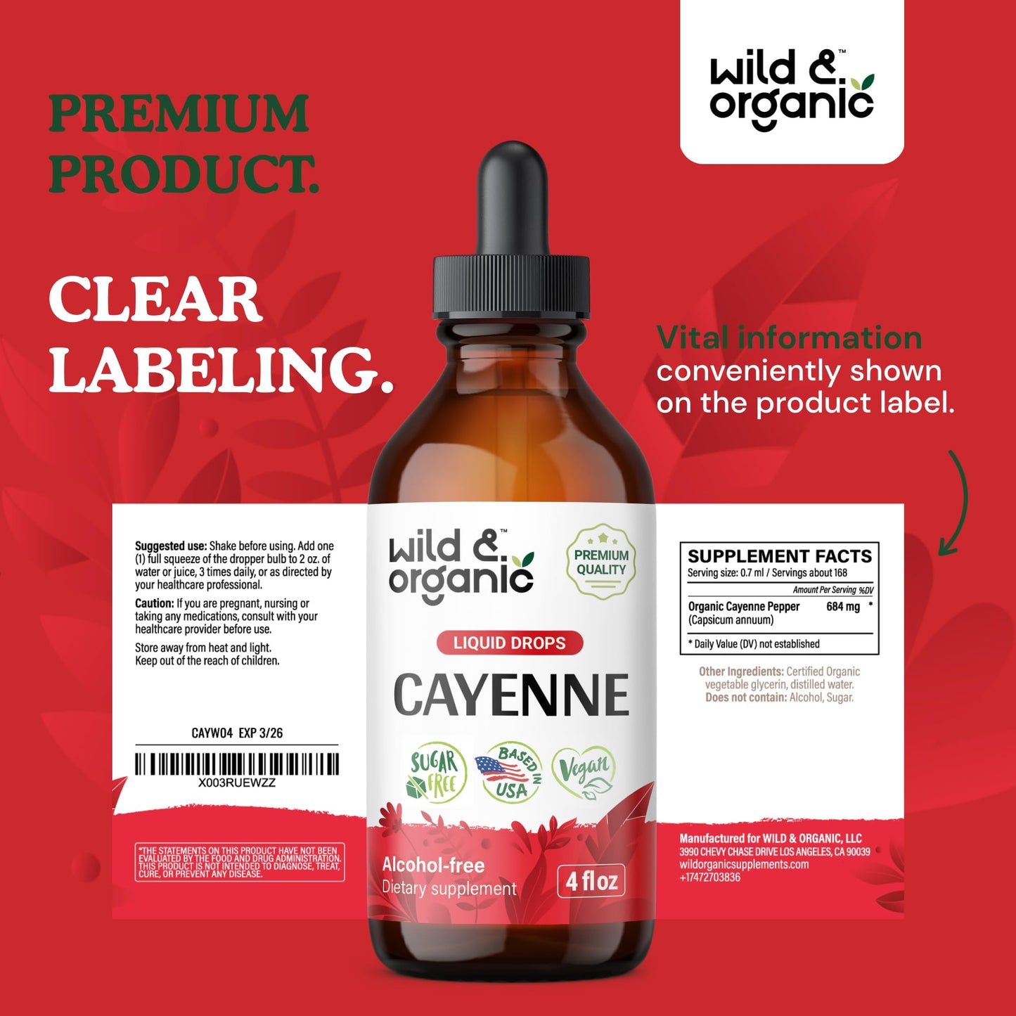 Wild & Organic Cayenne Pepper Tincture - Digestive Support with Capsaicin Extract - Cayenne Pepper Liquid Drops for Overall Well-Being - Unflavored, Vegan, Sugar & Alcohol-Free - 4 fl oz - dailyvitalstore