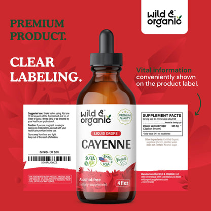 Wild & Organic Cayenne Pepper Tincture - Digestive Support with Capsaicin Extract - Cayenne Pepper Liquid Drops for Overall Well-Being - Unflavored, Vegan, Sugar & Alcohol-Free - 4 fl oz - dailyvitalstore