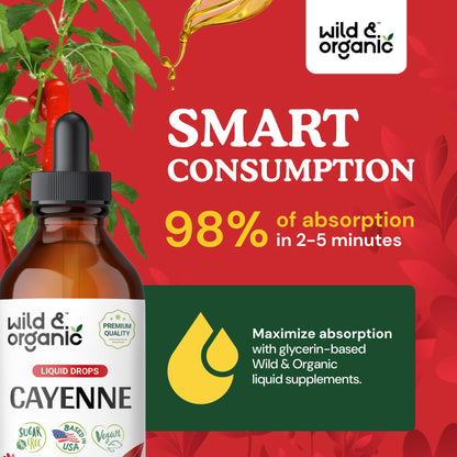 Wild & Organic Cayenne Pepper Tincture - Digestive Support with Capsaicin Extract - Cayenne Pepper Liquid Drops for Overall Well-Being - Unflavored, Vegan, Sugar & Alcohol-Free - 4 fl oz - dailyvitalstore