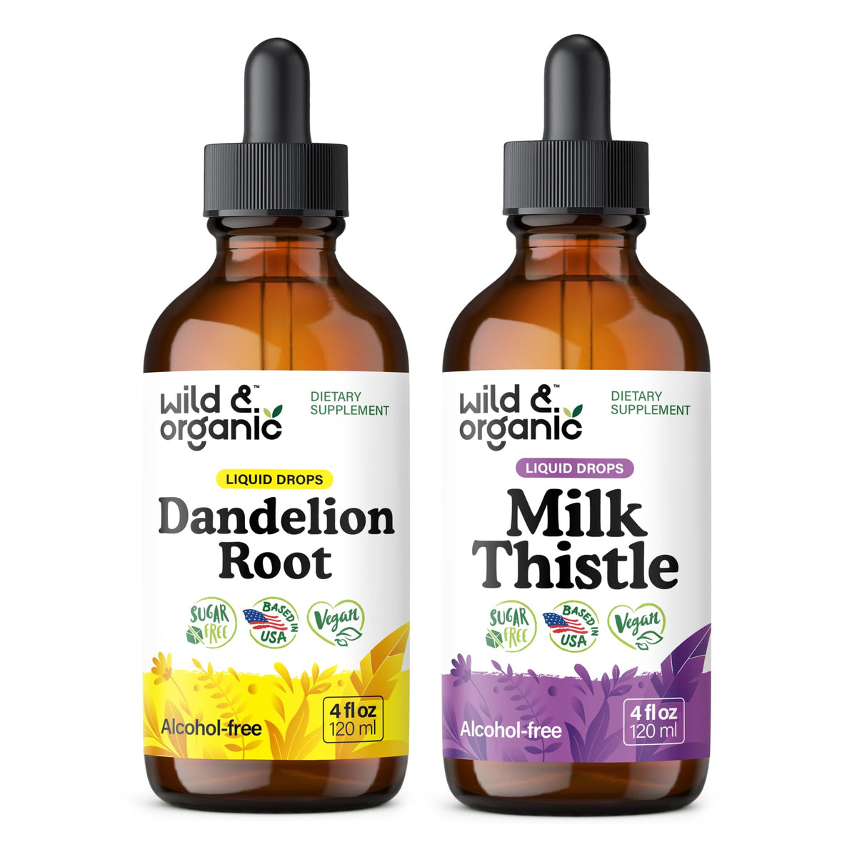 Wild & Organic Dandelion Root Tincture & Milk Thistle Tincture 4 fl oz - Liver Cleanse Detox Support - Dandelion Root Extract Drops - Milk Thistle Supplement - No Sugar & Alcohol - dailyvitalstore