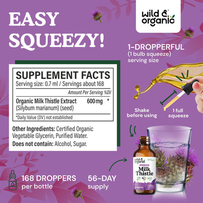 Wild & Organic Milk Thistle Liquid Drops - Liver Cleanse Detox - Silymarin Milk Thistle Supplement for Liver Support - Add to Tea - Silybum Marianum Seed Extract Tincture - dailyvitalstore