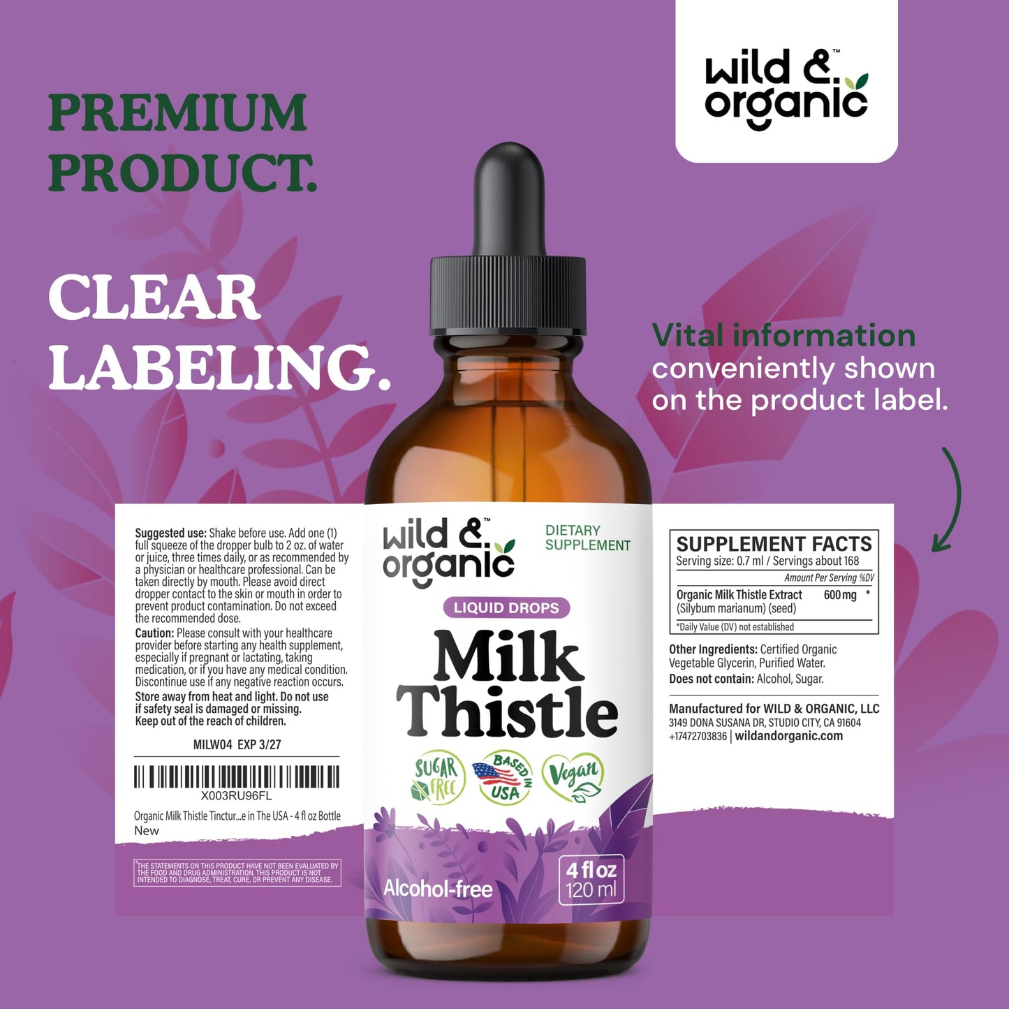 Wild & Organic Milk Thistle Liquid Drops - Liver Cleanse Detox - Silymarin Milk Thistle Supplement for Liver Support - Add to Tea - Silybum Marianum Seed Extract Tincture - dailyvitalstore