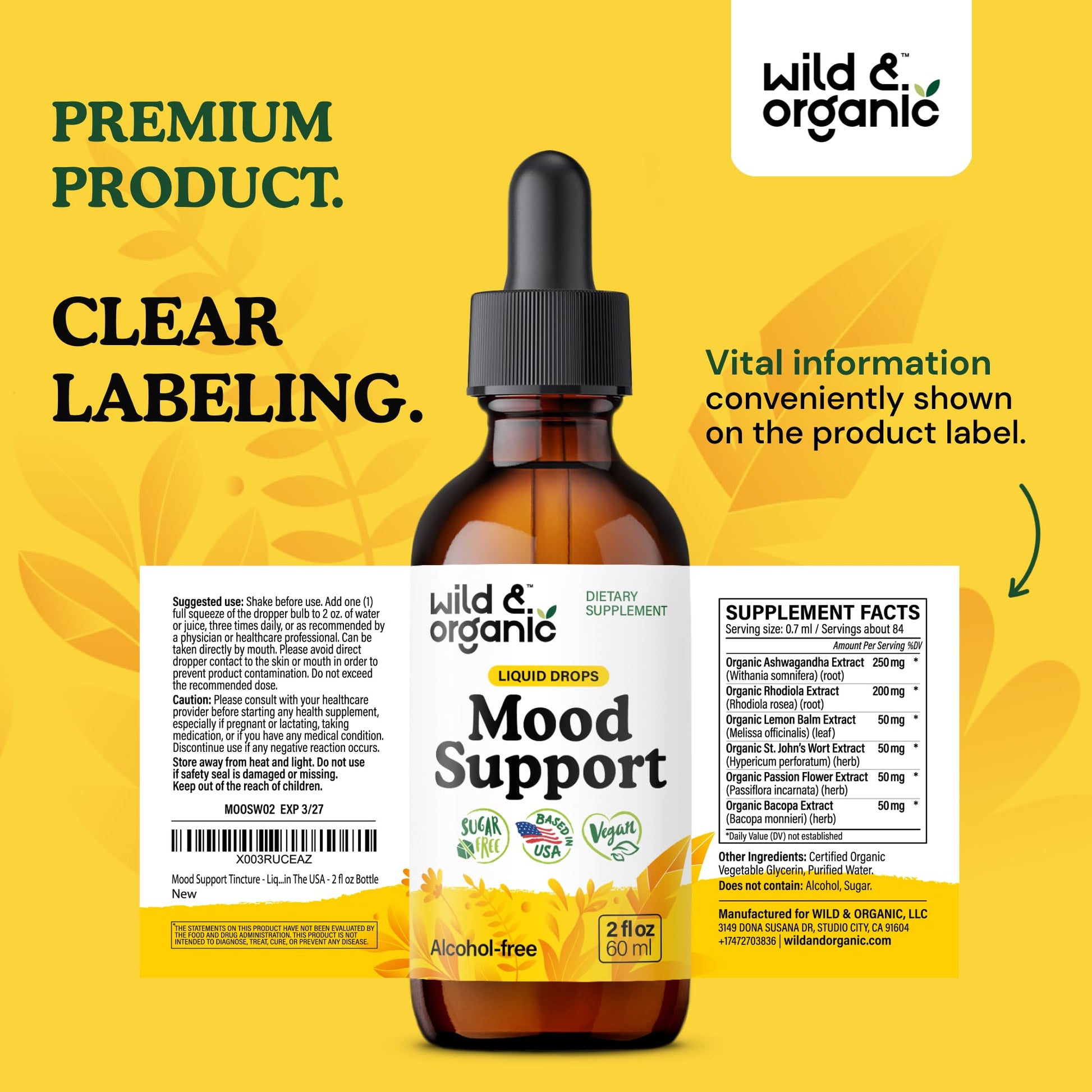 Wild & Organic Mood Support Drops - Good Mood Supplements w/Ashwagandha Root & Rhodiola Rosea - Natural Liquid Drops for Positive Energy - Calm and Relax Supplements for Women and Men - 2 oz - dailyvitalstore