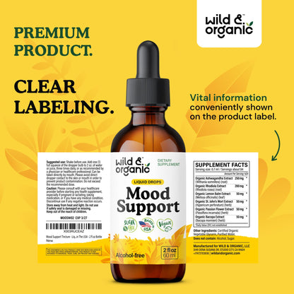 Wild & Organic Mood Support Drops - Good Mood Supplements w/Ashwagandha Root & Rhodiola Rosea - Natural Liquid Drops for Positive Energy - Calm and Relax Supplements for Women and Men - 2 oz - dailyvitalstore