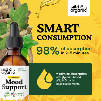 Wild & Organic Mood Support Drops - Good Mood Supplements w/Ashwagandha Root & Rhodiola Rosea - Natural Liquid Drops for Positive Energy - Calm and Relax Supplements for Women and Men - 2 oz - dailyvitalstore
