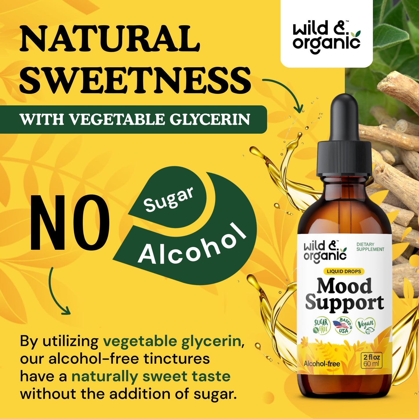 Wild & Organic Mood Support Drops - Good Mood Supplements w/Ashwagandha Root & Rhodiola Rosea - Natural Liquid Drops for Positive Energy - Calm and Relax Supplements for Women and Men - 2 oz - dailyvitalstore