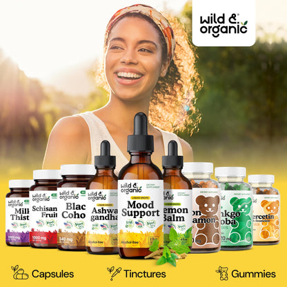 Wild & Organic Mood Support Drops - Good Mood Supplements w/Ashwagandha Root & Rhodiola Rosea - Natural Liquid Drops for Positive Energy - Calm and Relax Supplements for Women and Men - 2 oz - dailyvitalstore