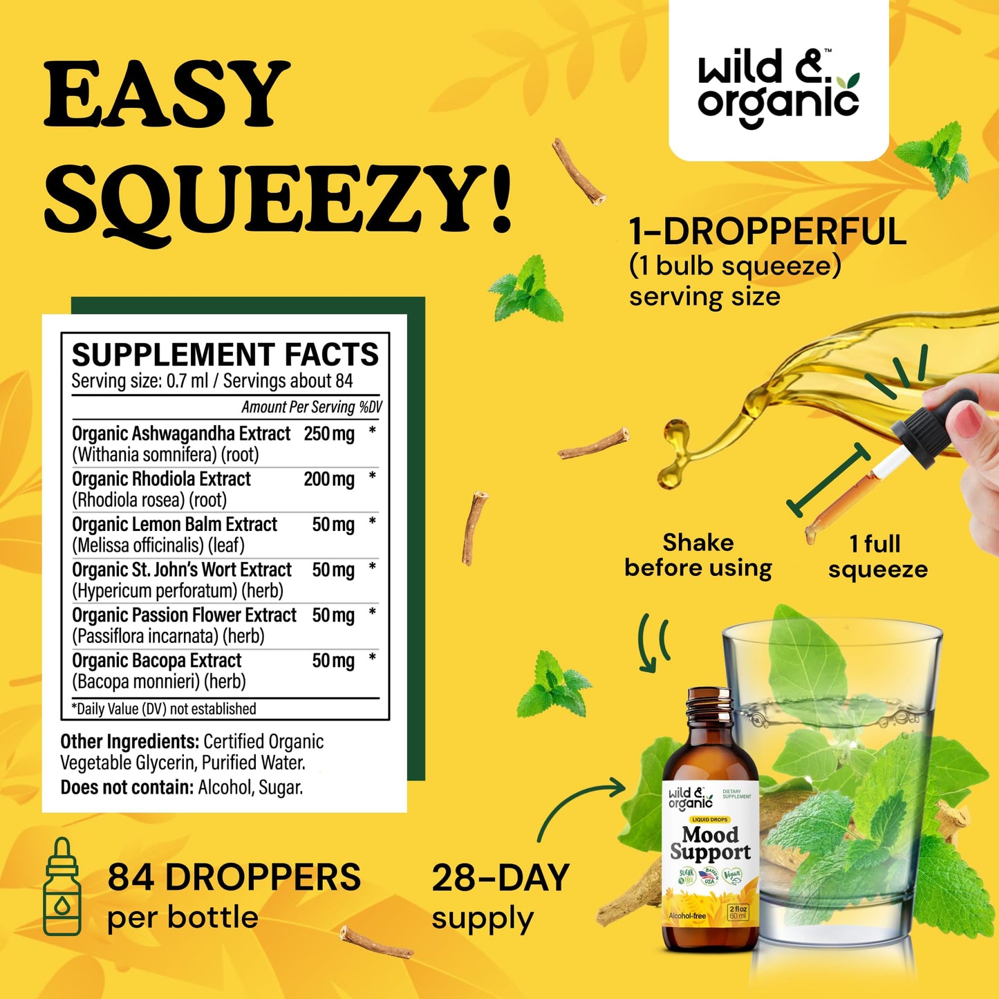 Wild & Organic Mood Support Drops - Good Mood Supplements w/Ashwagandha Root & Rhodiola Rosea - Natural Liquid Drops for Positive Energy - Calm and Relax Supplements for Women and Men - 2 oz - dailyvitalstore