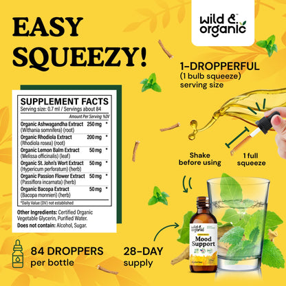 Wild & Organic Mood Support Drops - Good Mood Supplements w/Ashwagandha Root & Rhodiola Rosea - Natural Liquid Drops for Positive Energy - Calm and Relax Supplements for Women and Men - 2 oz - dailyvitalstore