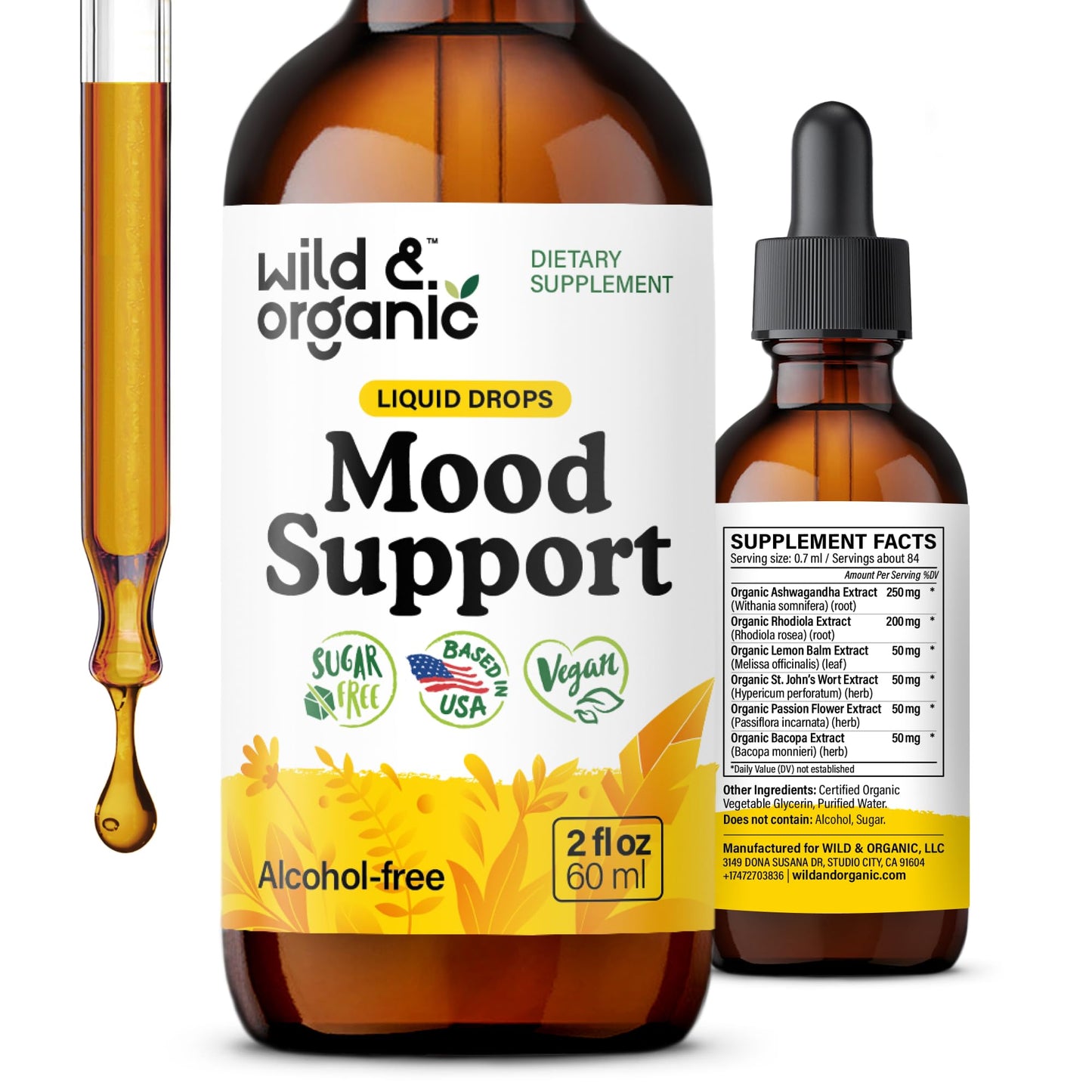 Wild & Organic Mood Support Drops - Good Mood Supplements w/Ashwagandha Root & Rhodiola Rosea - Natural Liquid Drops for Positive Energy - Calm and Relax Supplements for Women and Men - 2 oz - dailyvitalstore