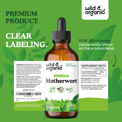 Wild & Organic Motherwort Tincture - Good Mood, Calmness, Overall Support - Supplements for Women with Motherwort Herb - Vegan, Sugar & Alcohol-Free Extract Drops - 4 fl oz - dailyvitalstore