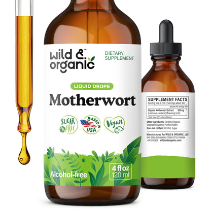 Wild & Organic Motherwort Tincture - Good Mood, Calmness, Overall Support - Supplements for Women with Motherwort Herb - Vegan, Sugar & Alcohol-Free Extract Drops - 4 fl oz - dailyvitalstore