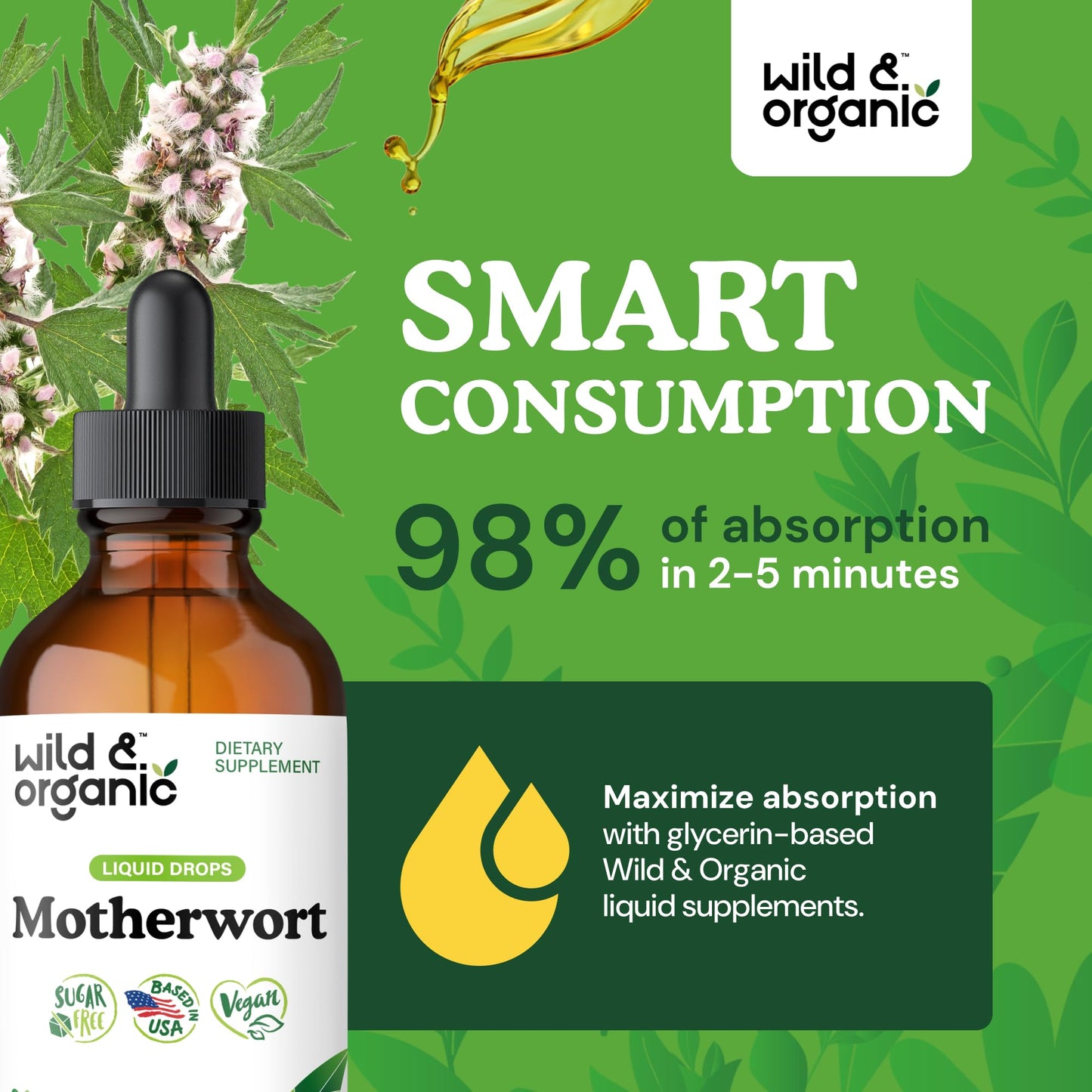 Wild & Organic Motherwort Tincture - Good Mood, Calmness, Overall Support - Supplements for Women with Motherwort Herb - Vegan, Sugar & Alcohol-Free Extract Drops - 4 fl oz - dailyvitalstore
