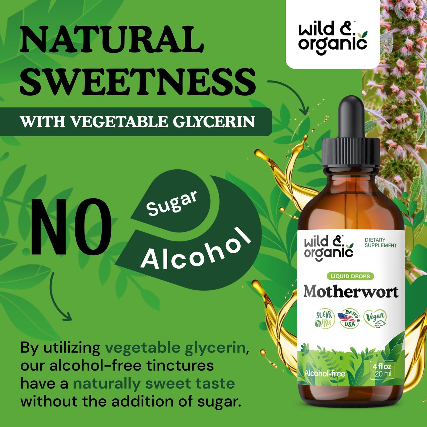 Wild & Organic Motherwort Tincture - Good Mood, Calmness, Overall Support - Supplements for Women with Motherwort Herb - Vegan, Sugar & Alcohol-Free Extract Drops - 4 fl oz - dailyvitalstore