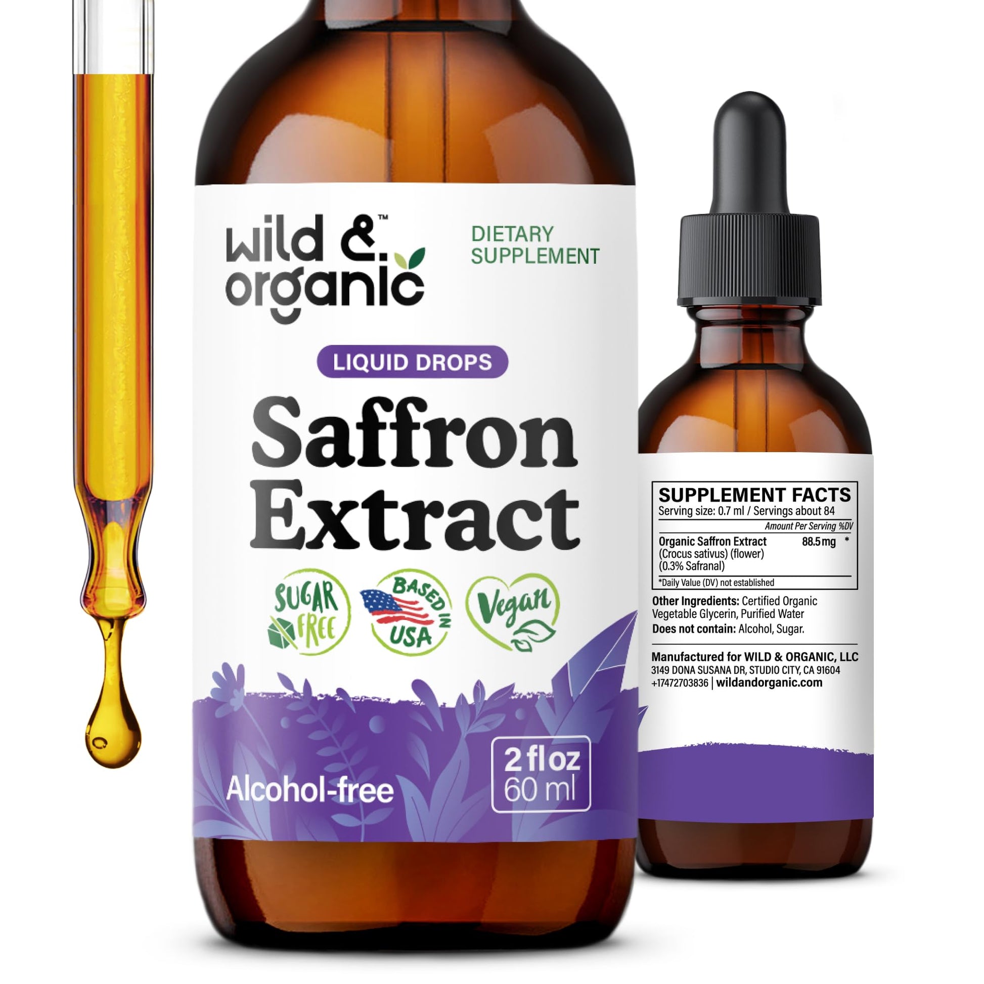 Wild & Organic Saffron Supplements 88.5 mg - Mood, Brain & Vision Support - Liquid Saffron Drops - Add to Tea - Crocus Sativus Herb Extract - Vegan, Sugar & Alcohol-Free Tincture - 2 fl oz - dailyvitalstore