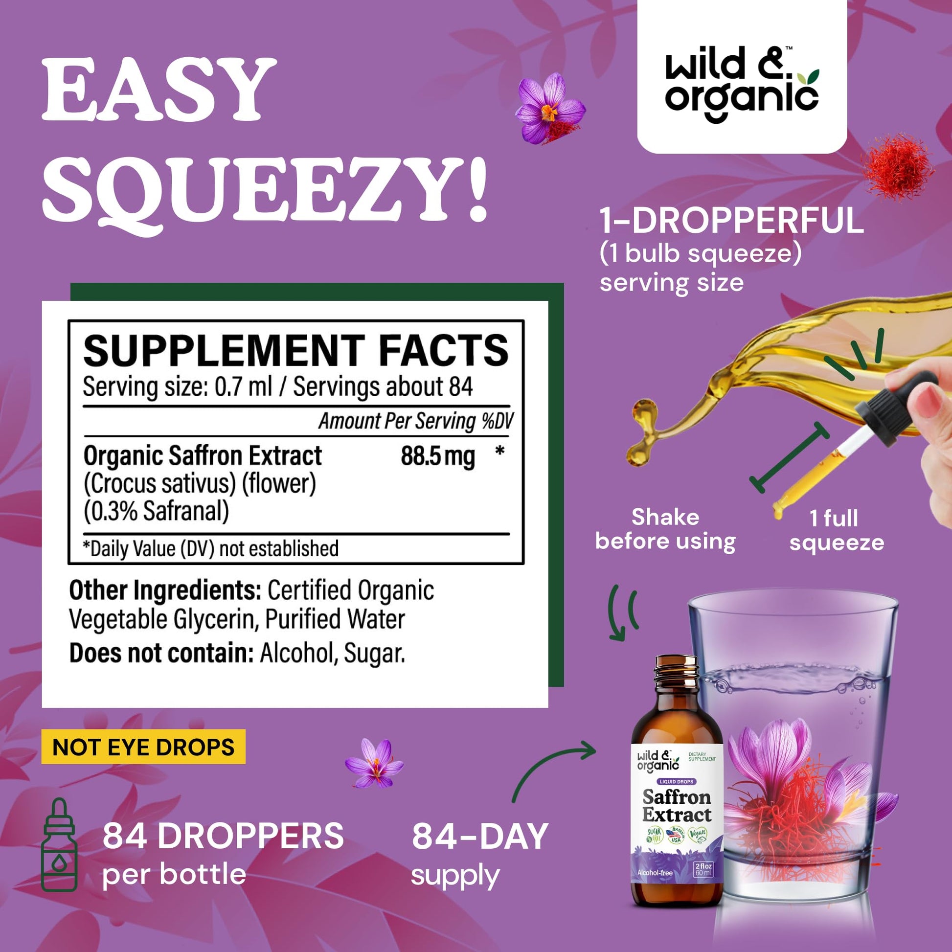 Wild & Organic Saffron Supplements 88.5 mg - Mood, Brain & Vision Support - Liquid Saffron Drops - Add to Tea - Crocus Sativus Herb Extract - Vegan, Sugar & Alcohol-Free Tincture - 2 fl oz - dailyvitalstore