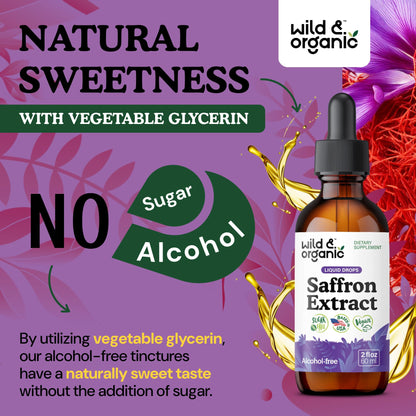 Wild & Organic Saffron Supplements 88.5 mg - Mood, Brain & Vision Support - Liquid Saffron Drops - Add to Tea - Crocus Sativus Herb Extract - Vegan, Sugar & Alcohol-Free Tincture - 2 fl oz - dailyvitalstore