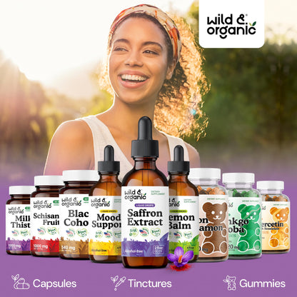 Wild & Organic Saffron Supplements 88.5 mg - Mood, Brain & Vision Support - Liquid Saffron Drops - Add to Tea - Crocus Sativus Herb Extract - Vegan, Sugar & Alcohol-Free Tincture - 2 fl oz - dailyvitalstore