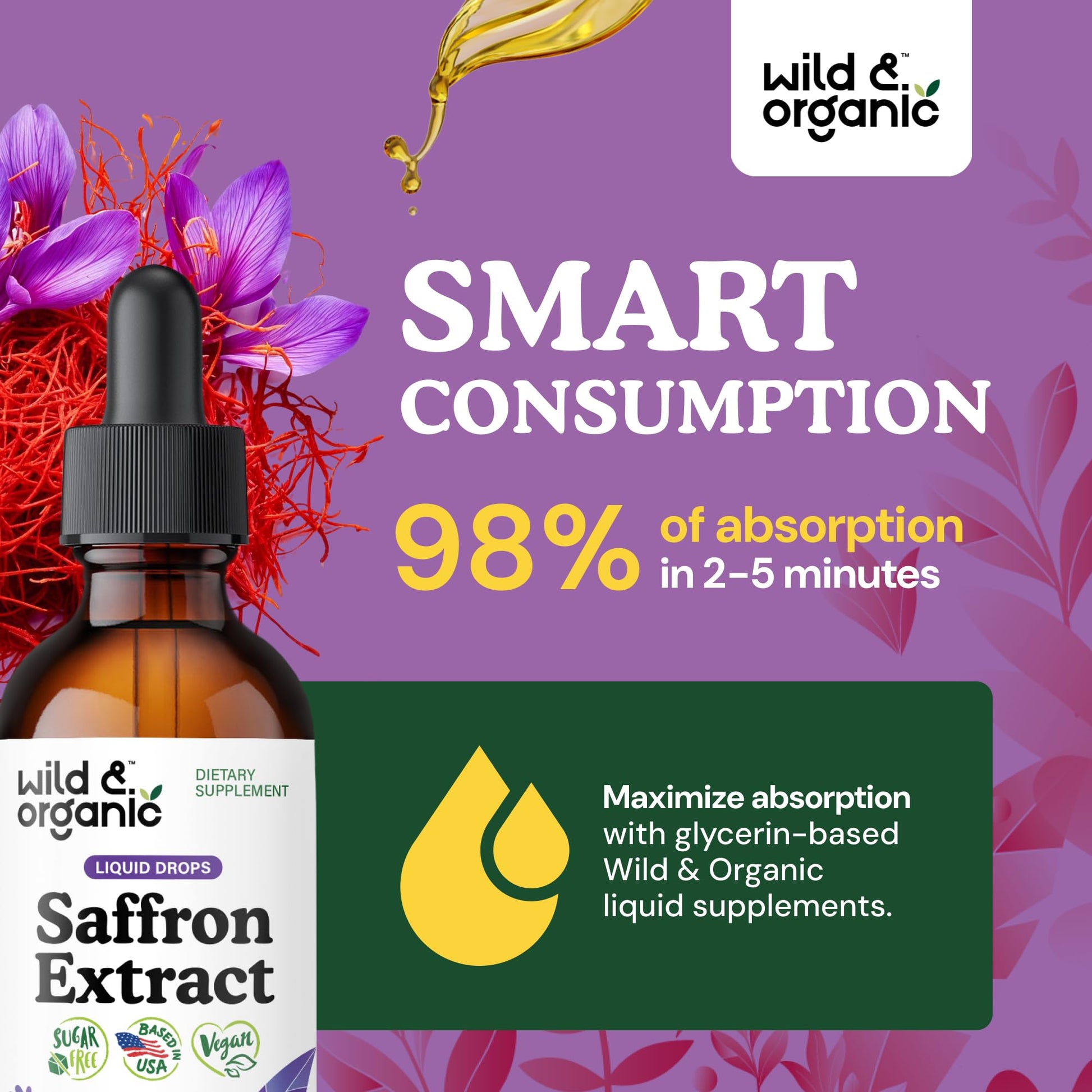 Wild & Organic Saffron Supplements 88.5 mg - Mood, Brain & Vision Support - Liquid Saffron Drops - Add to Tea - Crocus Sativus Herb Extract - Vegan, Sugar & Alcohol-Free Tincture - 2 fl oz - dailyvitalstore