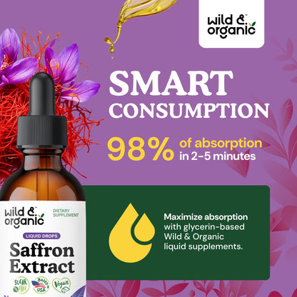 Wild & Organic Saffron Supplements 88.5 mg - Mood, Brain & Vision Support - Liquid Saffron Drops - Add to Tea - Crocus Sativus Herb Extract - Vegan, Sugar & Alcohol-Free Tincture - 2 fl oz - dailyvitalstore