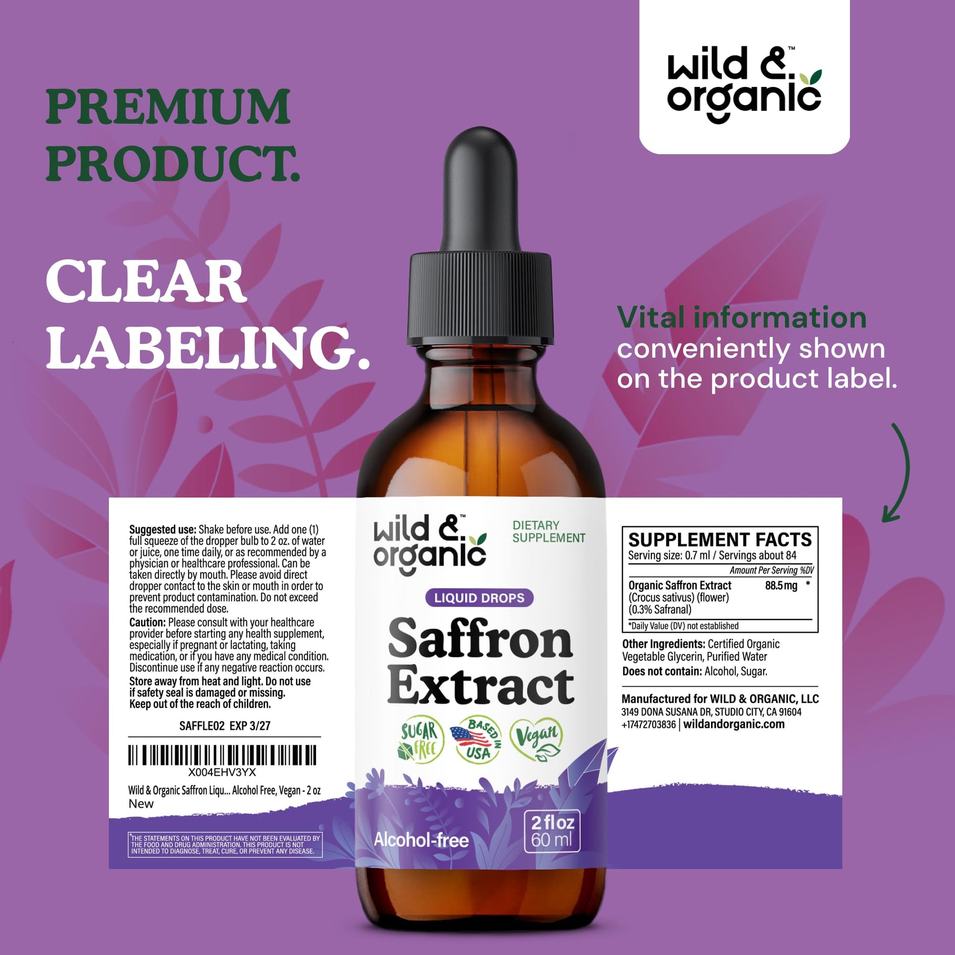 Wild & Organic Saffron Supplements 88.5 mg - Mood, Brain & Vision Support - Liquid Saffron Drops - Add to Tea - Crocus Sativus Herb Extract - Vegan, Sugar & Alcohol-Free Tincture - 2 fl oz - dailyvitalstore
