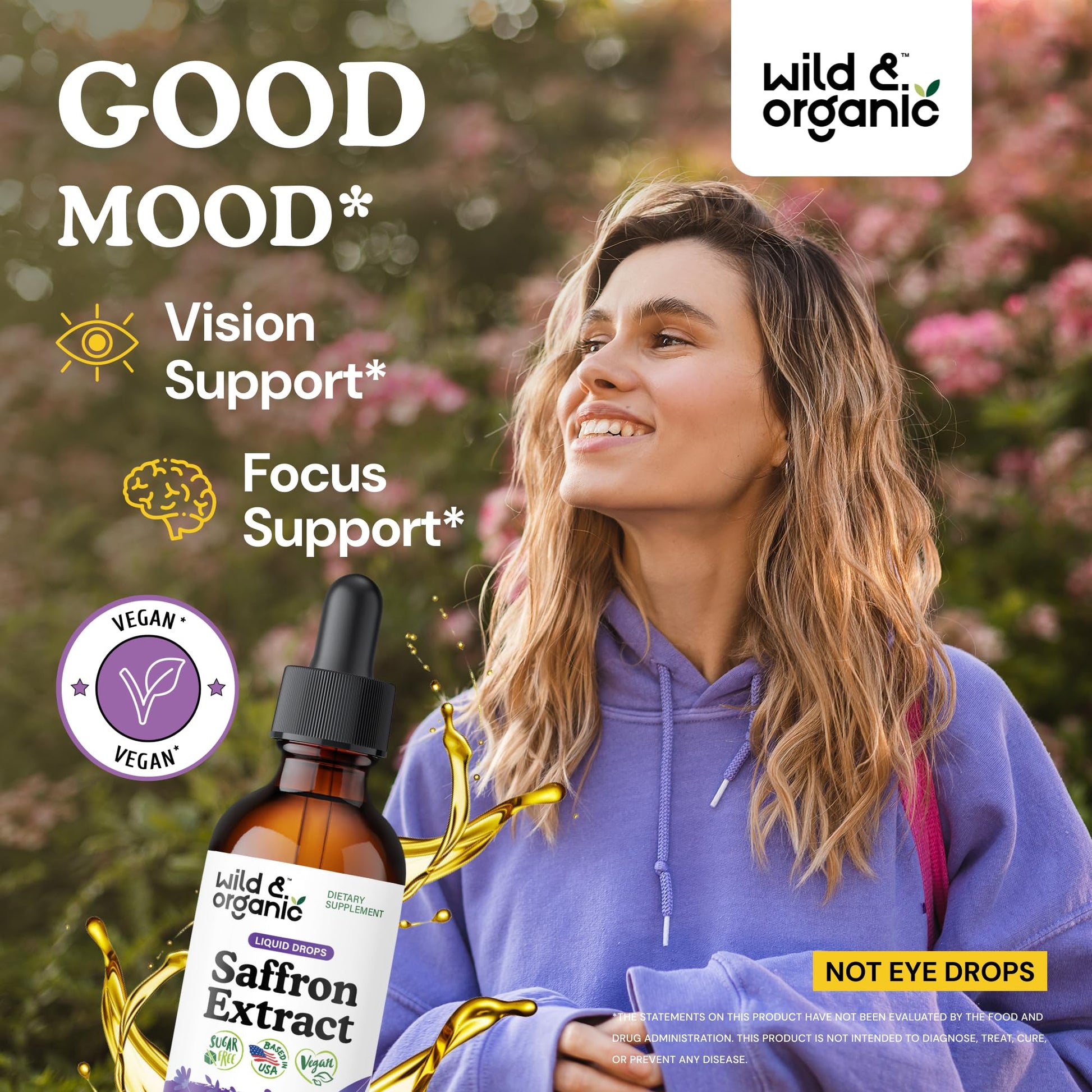 Wild & Organic Saffron Supplements 88.5 mg - Mood, Brain & Vision Support - Liquid Saffron Drops - Add to Tea - Crocus Sativus Herb Extract - Vegan, Sugar & Alcohol-Free Tincture - 2 fl oz - dailyvitalstore