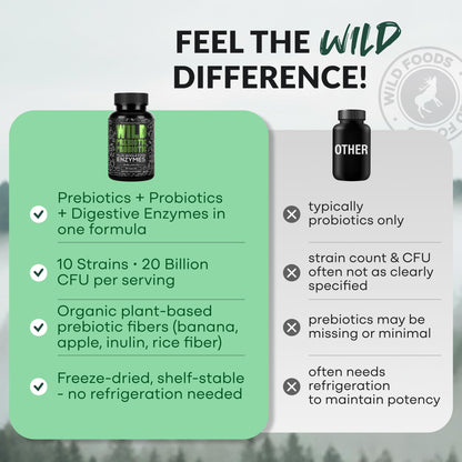 Wild Prebiotics and Probiotics with Digestive Enzymes | 20 Billion CFU - 10 Strains for Women & Men | Support Gut Health & Digestion Supplements | Non-GMO Prebiotic Fiber | 30 Capsules - dailyvitalstore